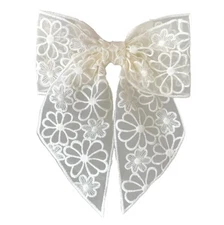 Large beige Floral Lace Hair Bow Clip Bow Knot Gauze.