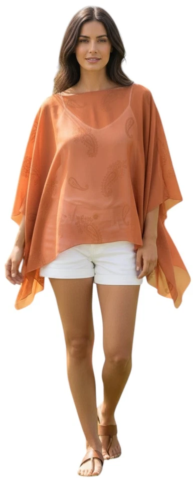 Womens Orange Rust Embroidered Poncho Kaftan Top Ladies One Size Plus Size - Image 1 of 4