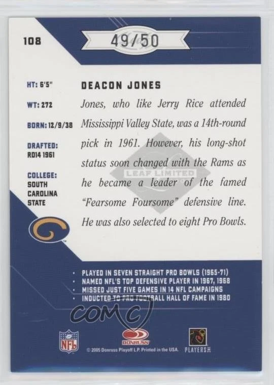 2005 Leaf Limited Spotlight Silver /50 Deacon Jones #108 HOF - Image 2 of 2