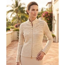St John Sport Marie Gray Knit Jacket Cream Gold Metallic Zip Front Mock Neck S