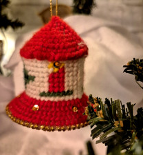 Needlepoint hand crafted ornament hanging bell sequin holly berries tree dangle