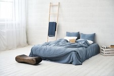 Blue Washed Linen Duvet Cover Soft  Pure Breathable Handmade Eco-Friendly Set.