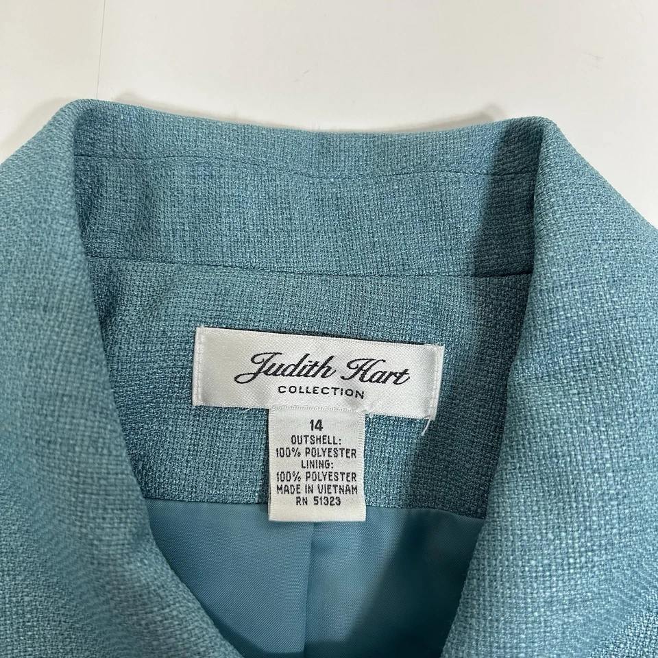 Judith Hart Collection 2 peças jaqueta e calça terno verde-azulado forrado manga 3/4 tamanho 14 - Imagem 3 de 4