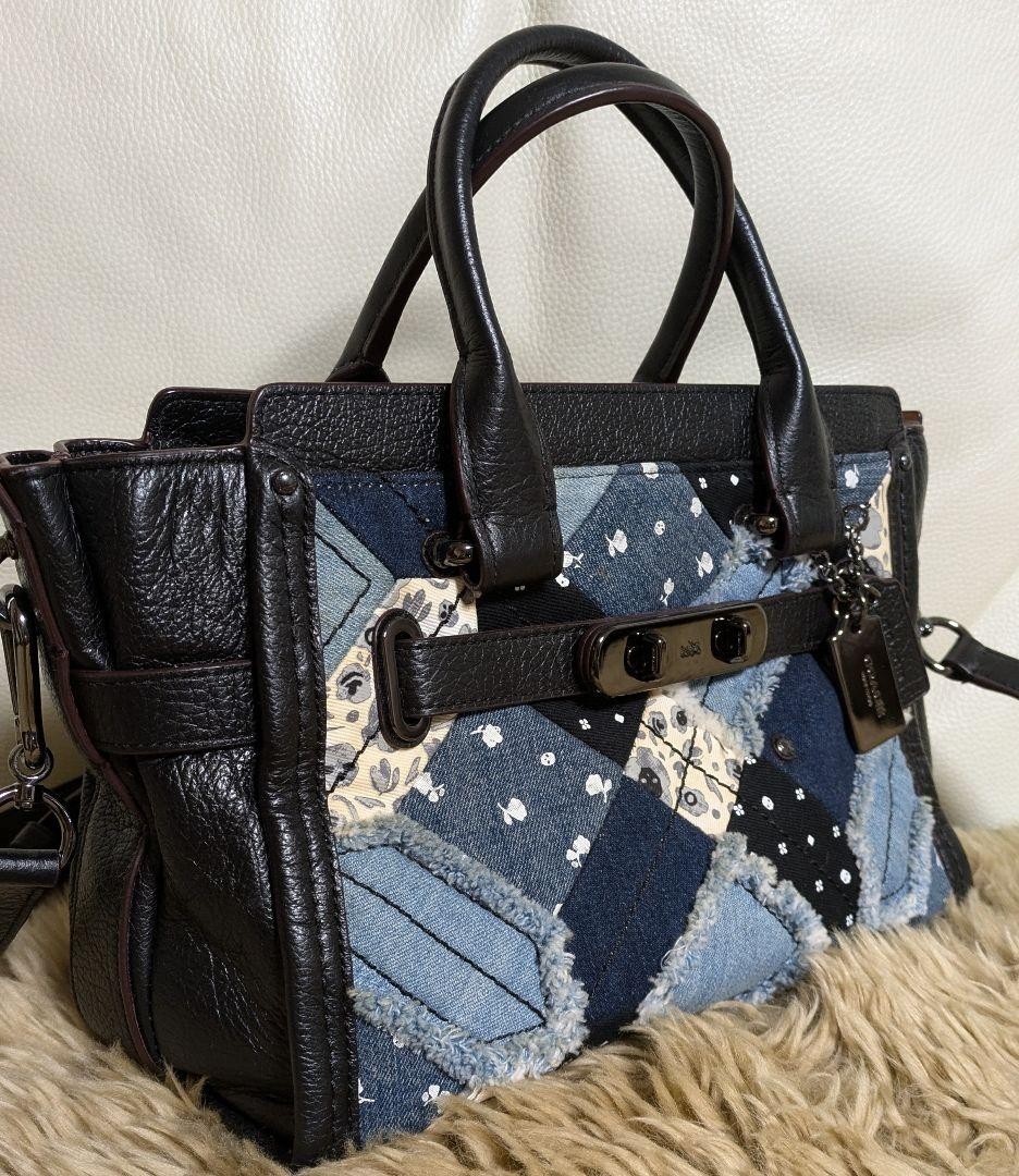 COACH Black Leather Denim Patchwork Shoulder Bag … - image 1