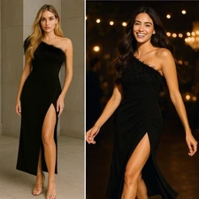 Mac Duggal Black Feather One Shoulder Draped Slit Gown Formal Evening Dress NWT