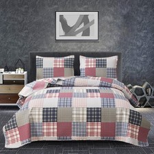 Plaid Size Bedspread Coverlet Quilt Set - Boys/Mens King Red Blue White Plaid