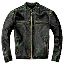 Cafe Racer Mens Genuine Sheep Skin Leather Jacket Vintage Biker Black Distressed