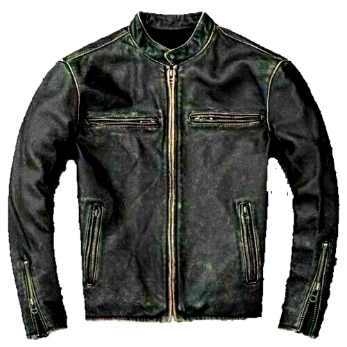 Cafe Racer Mens Genuine Sheep Skin Leather Jacket Vintage Biker Black Distressed