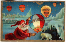 ANTIQUE EMBOSSED CHRISTMAS Postcard SANTA CLAUS, POLAR BEAR, HOT AIR BALLOONS