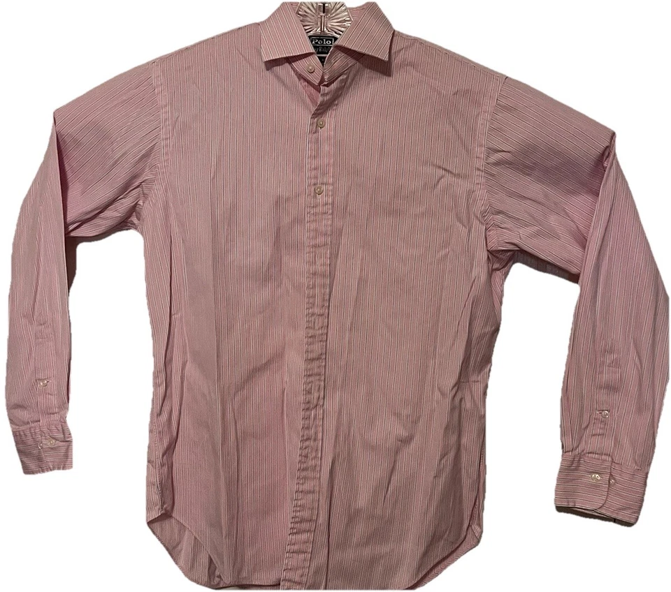 Camisa polo masculina Ralph Lauren tamanho 16 listras rosa manga longa ajuste clássico 34/35 - Imagem 3 de 4