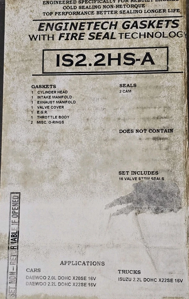 Juego de juntas de culata de motor Enginetech aptas para Isuzu 2.2L DOHC X20SE X22SE 16v Foto 3 de 3