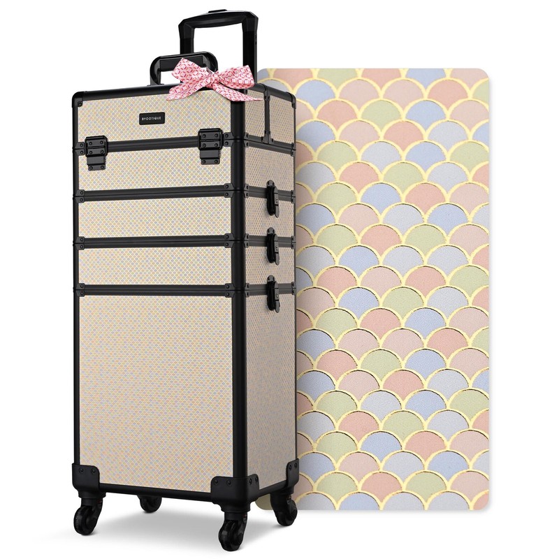 Byootique Rolling Makeup Train Case on Wheels 4in1 Cosmetology Art Deco Pastel