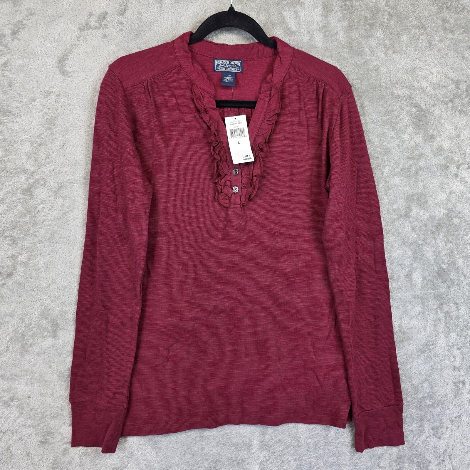 Polo Jeans Company Shirt Womens Large Red V Neck Long Sleeve Ruffle Henley