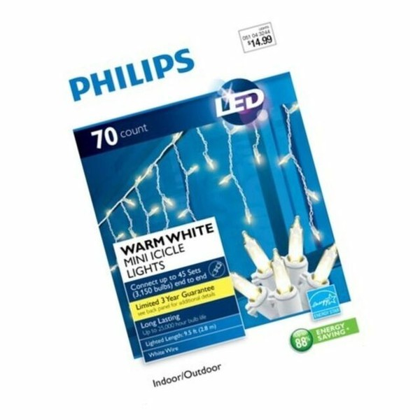 70ct Philips LED Icicle Lights Warm White Indoor Outdoor 88 Energy