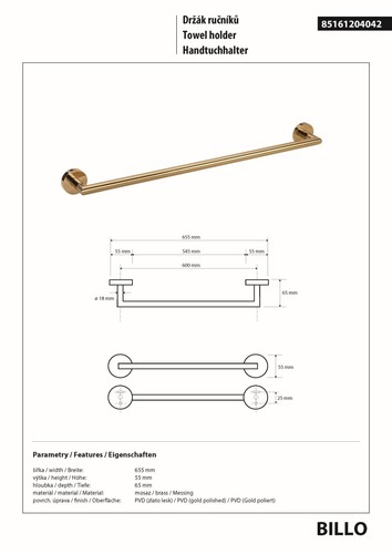 Toallero BILLO 65x655x55 mm para baño y cocina >> para perforar o pegar - Imagen 2 de 2
