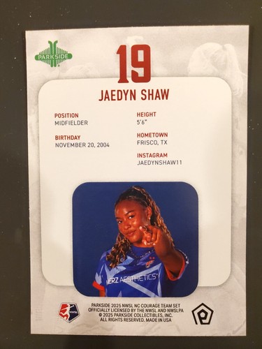 2025 Parkside NWSL Soccer - JAEDYN SHAW, North Carolina COURAGE Team Card #16 - Bild 2 von 2