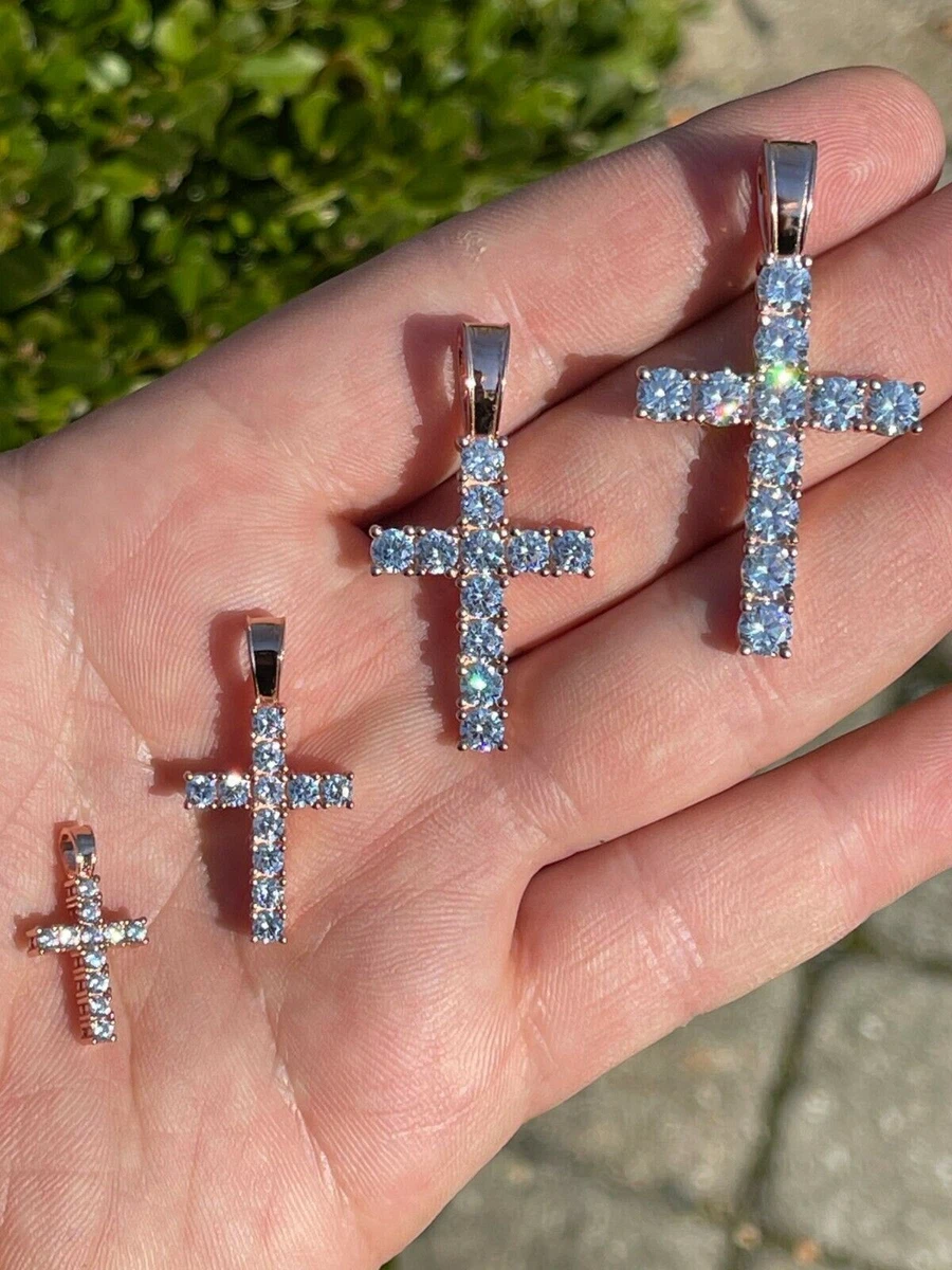 Real Solid 925 Silver 14k Rose Gold Plated Tennis Cross Pendant Iced CZ Necklace