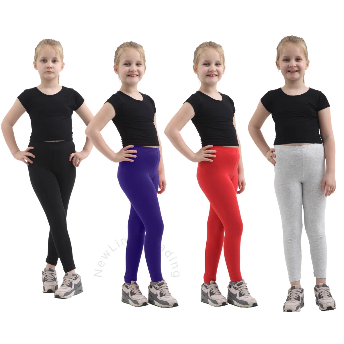 Girls Kids Childrens Plain Cotton Full Length Leggings Age 1-13 Black  +Colours