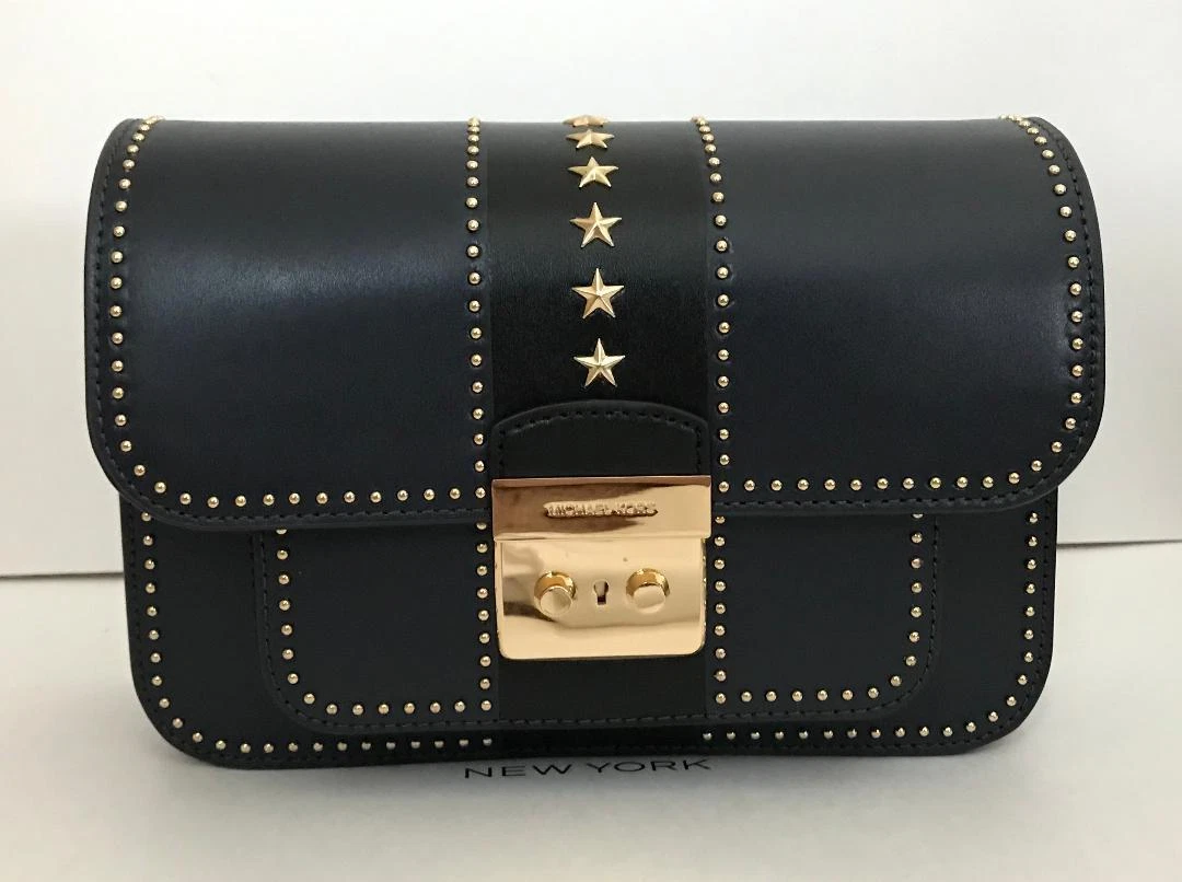 New Michael Kors Admiral Black Sloan Editor Colorblock Stud Shoulder Bag NWT 348
