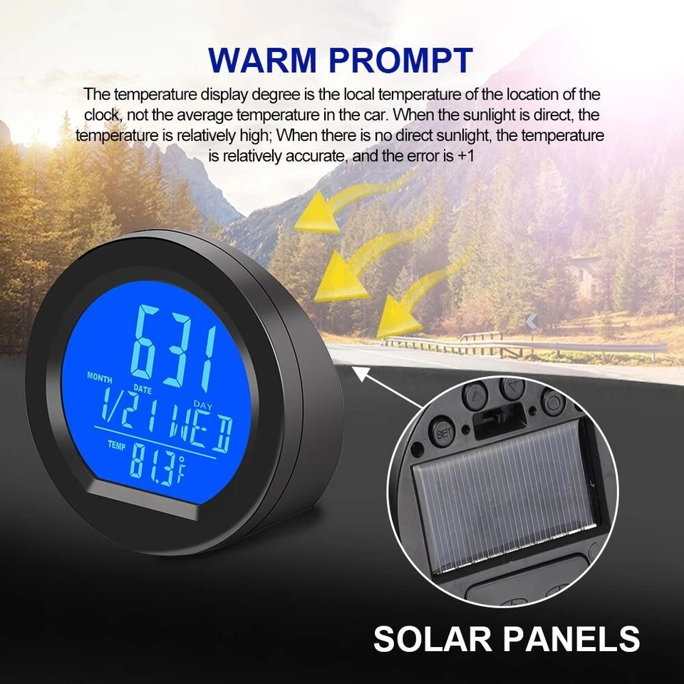 Tablero de instrumentos de coche reloj termómetro alimentado por energía solar pantalla digital de tiempo de temperatura Foto 4 de 4