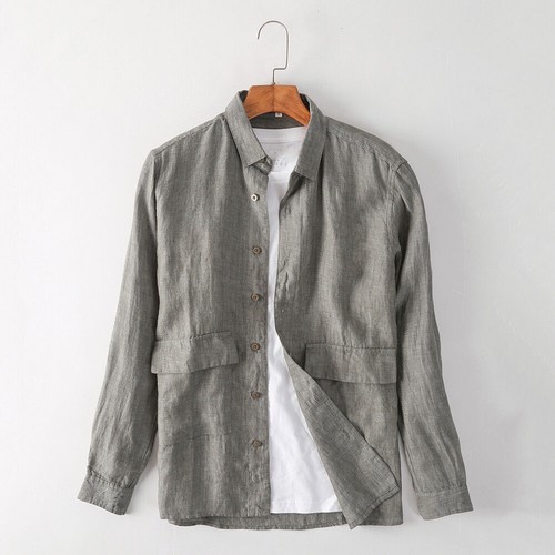 Cardigan camicia uomo lino casual sciolto maniche lunghe comodo stand colletto - Foto 14 di 16