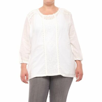 North River Womens Plus size 3X White Cotton Crochet Voile 3/4 Sleeve Top Shirt