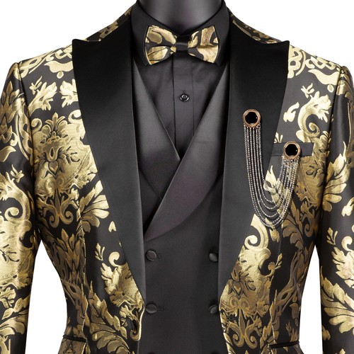 VINCI Men's Black & Gold Jacquard 3pc Modern Tuxedo w/ Bow-Tie - NEW - Picture 2 of 4