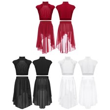Kid's Girls Dancewear Shiny Rhinestones Crop Top High-Low Hem Chiffon Skirt