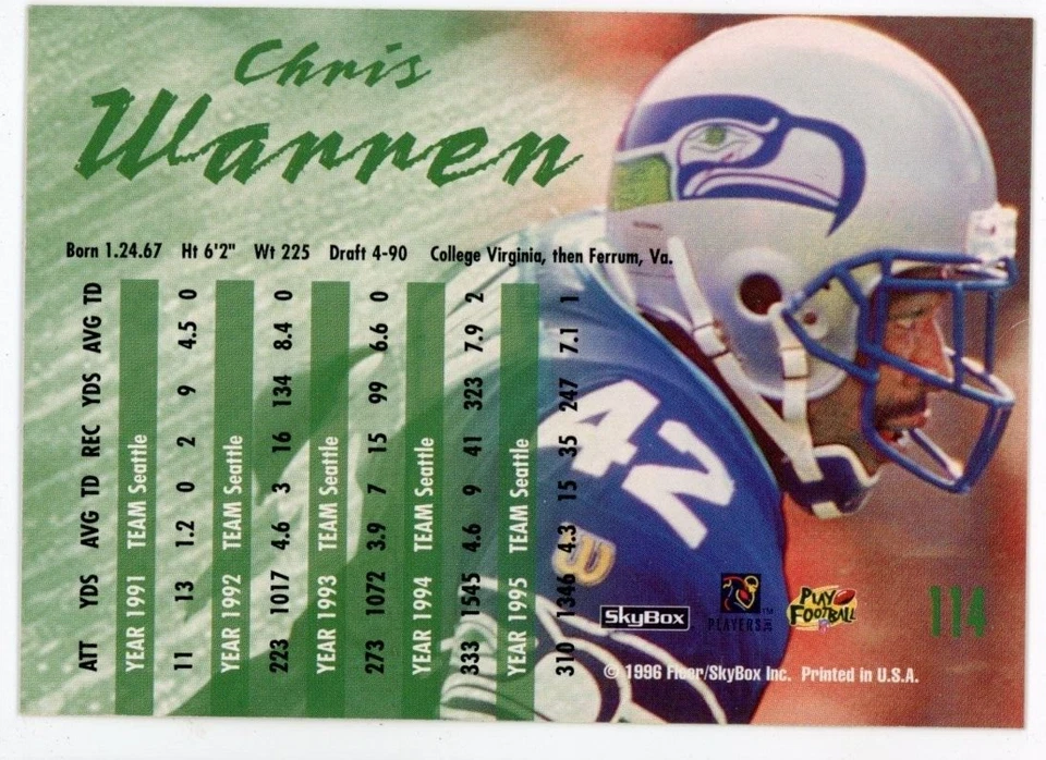 1996 SkyBox Impact Rookies Football Card #114 Chris Warren - Image 2 of 2