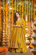 Attractive Yellow Natural Crepe Silk Gown Palazzo With Dupatta For Wedding Wear