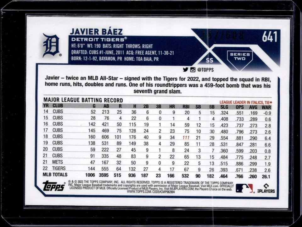 2023 Topps #641 Javier Báez Foilboard Retail #/608 - Image 2 of 2