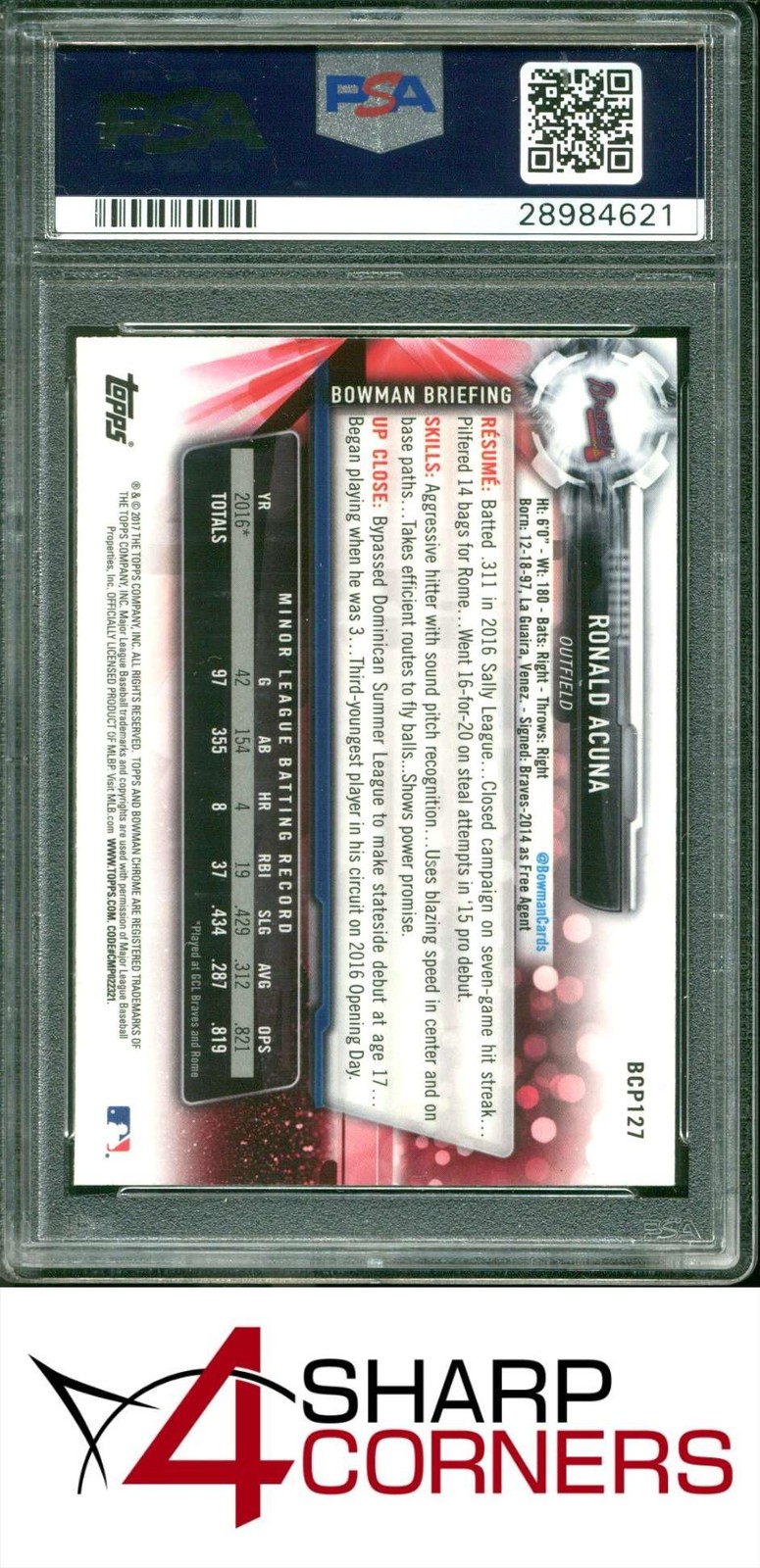 2017 BOWMAN PROSPECTS CHROME #BCP127 RONALD ACUNA JR. RC BRAVES PSA 10 view 2