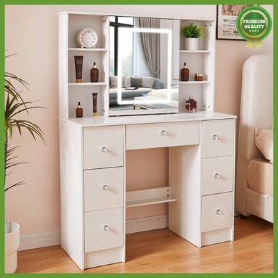 Großer Vanity Makeup Tisch mit 7 Schubladen und LED Schiebespiegel Dressing Desk