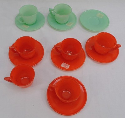 Vintage 1950's 14pc Platonite Glass Orange & Green Cups & Saucers Art Deco MCM