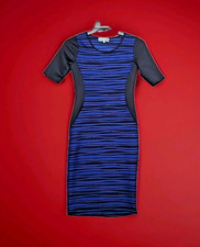 Almost Famous Dress Body Con Sheath Scuba Panel Wavy Stripes Black Blue Medium