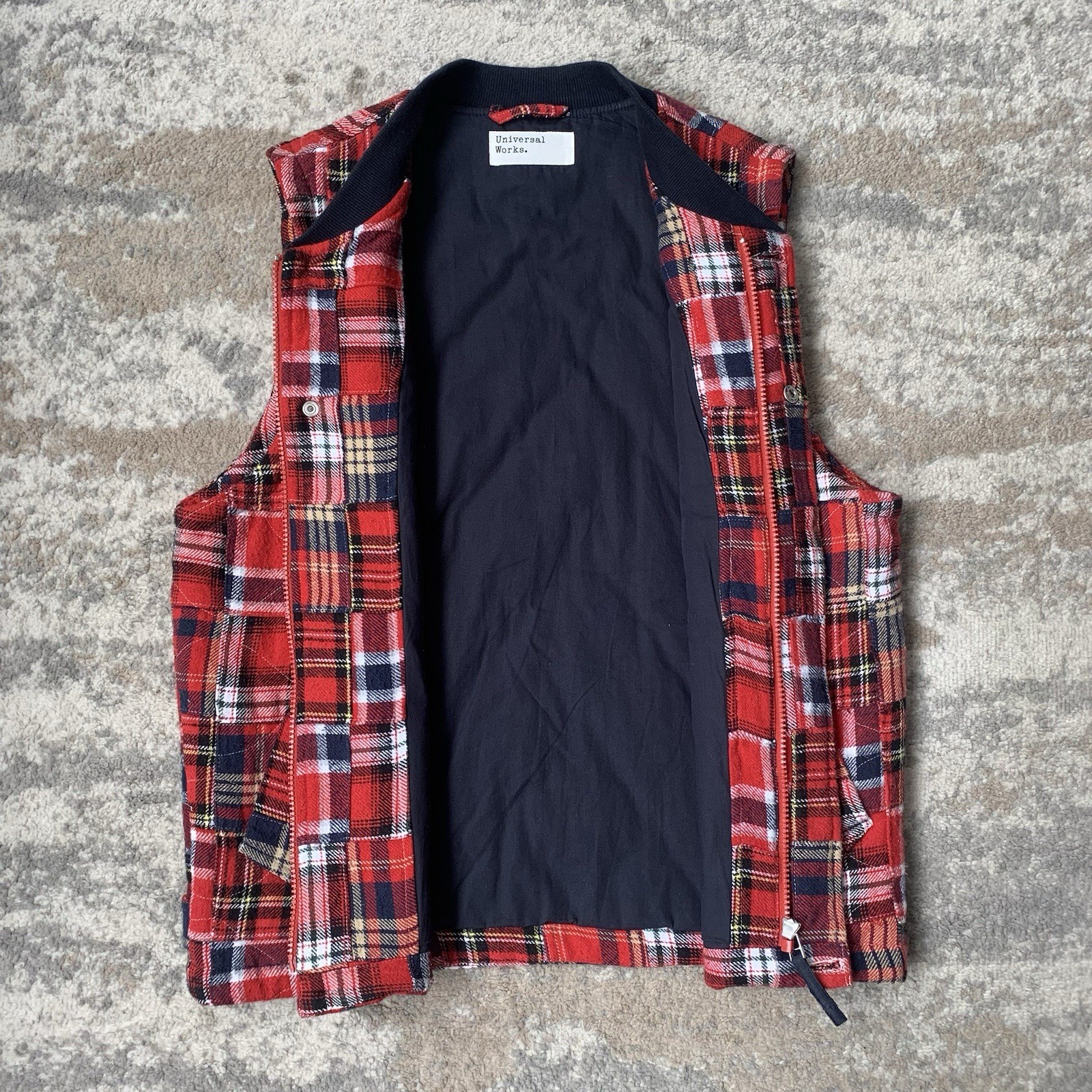 Universal Works Patchwork Vest Medium Red Navy Ch… - image 2
