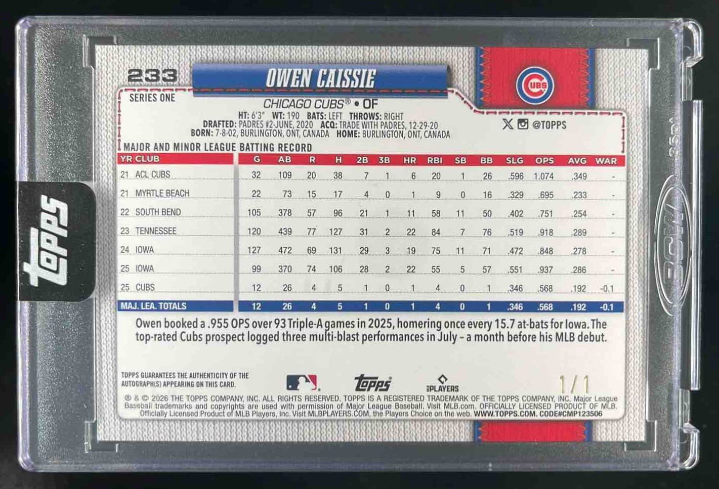 2026 Topps Series 1 Owen Caissie Real One Auto FoilFractor 1/1 #233 Chicago Cubs view 2