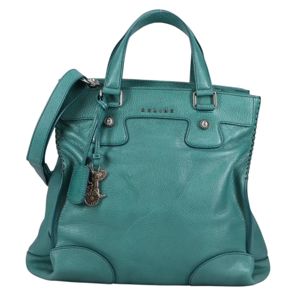 Celine Orlov Handbag Leather Turquoise Leather Bag (Pre-Owned)