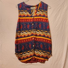 Vintage 90s Versace Womens Colorful Medium Geographic Print Sleeveless Retro Top