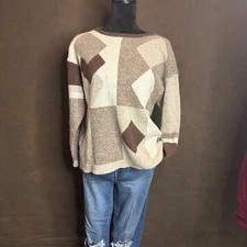 Vintage Christina Sweater Women’s Large Geometric Block Pattern Brown & Cream