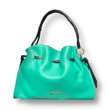 New Badgley Mischka Tote Shoulder Bag Snake Trim Green Black Vegan Leather Retro