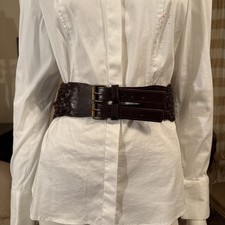 Vtg Wide Woven Braided Brown Leather Belt Double Buckle Brass Boho Hippie Sz L