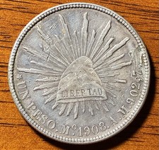 1908 Mexico Un Peso Silver .9027 Mo A.M. Liberty Cap & Rays