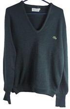 Vintage 1980's Lacoste V Neck Green Knit Sweater Jumper L Mens, Green Gator