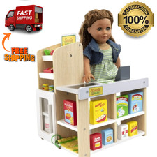 Wooden Grocery Store Playset for 18 Inch Dolls Cash Register Food Set Toy