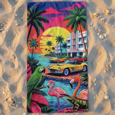 South Beach Neon Towel - Miami Art Deco Palm Flamingo Retro Sunset Ocean