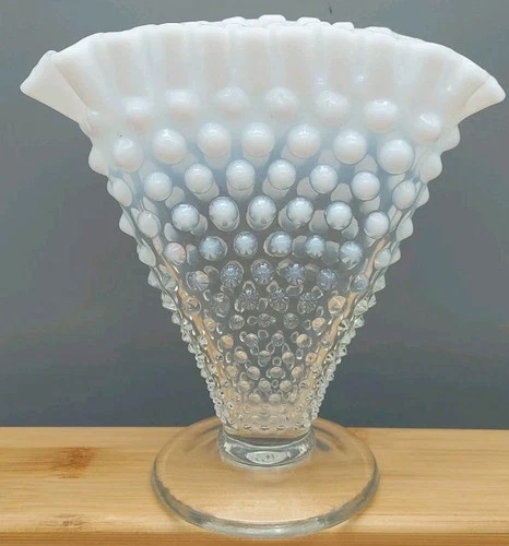 Vintage 1970s Fenton Fan Shaped  Milk Glass Hobnail Vase Crimped Edge Ruffled 6"