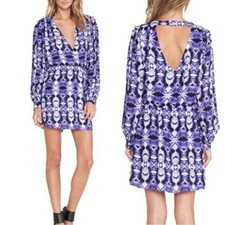 Parker Lila 100% Silk Aura Purple Long Sleeve Patterned Mini Dress - Small