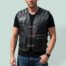 Men s Gay Genuine Lambskin Leather Vest Black Biker Harness Buckle Style