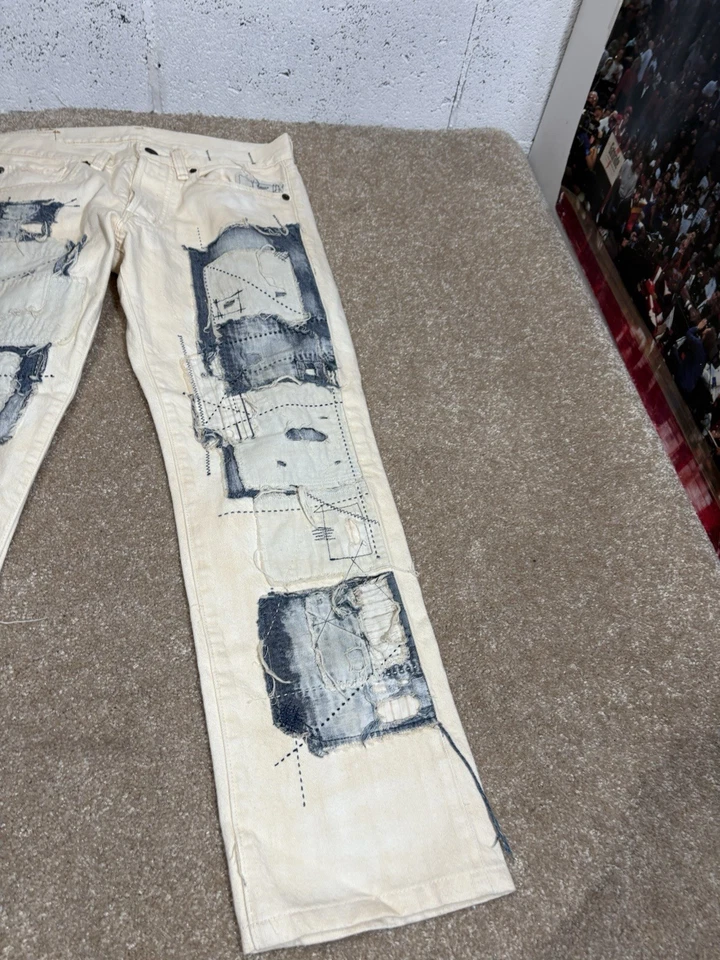 Ralph Lauren Denim & Supply Jeans Patchwork Distressed Cream Indigo Khaki 30x27 - Image 3 of 4